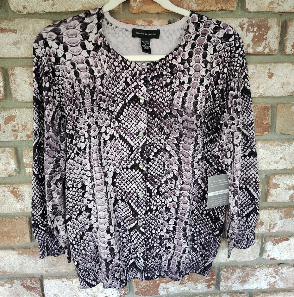 Cable & Gauge NWT Purple Snakeskin Print Lightweight Cardigan Sweater XL Career